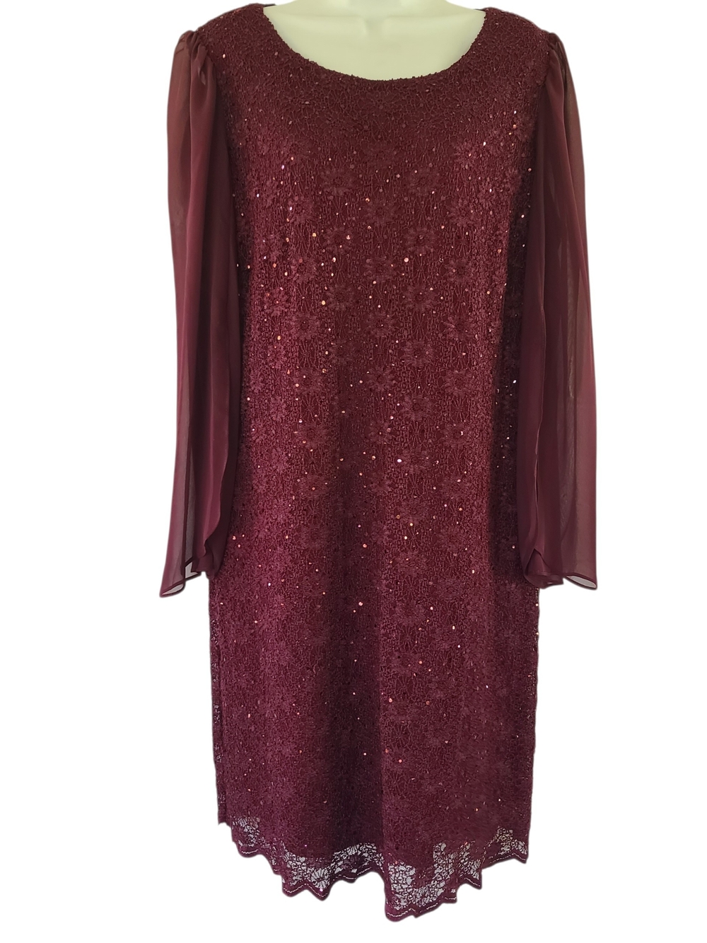 connected apparel Burgundy Lace & Sequin Long Flutter Sleeve Dress Size 14W